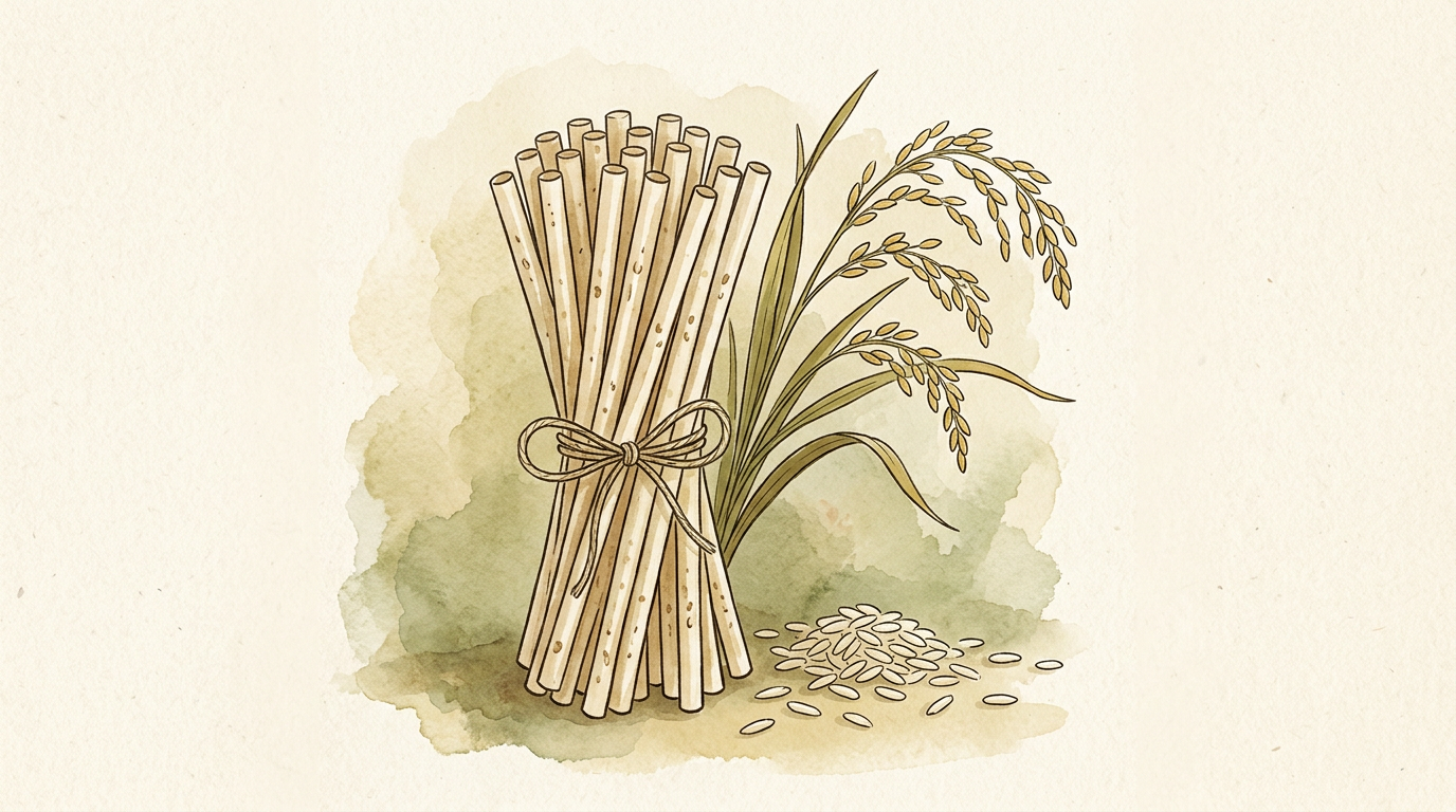 Hand-drawn illustration of rice straws and grain